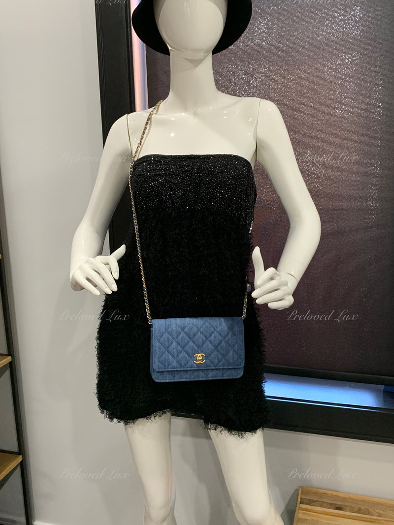 CHANEL Blue Denim Wallet-on-the-chain WOC Pearl Crush Crossbody Flap Bag