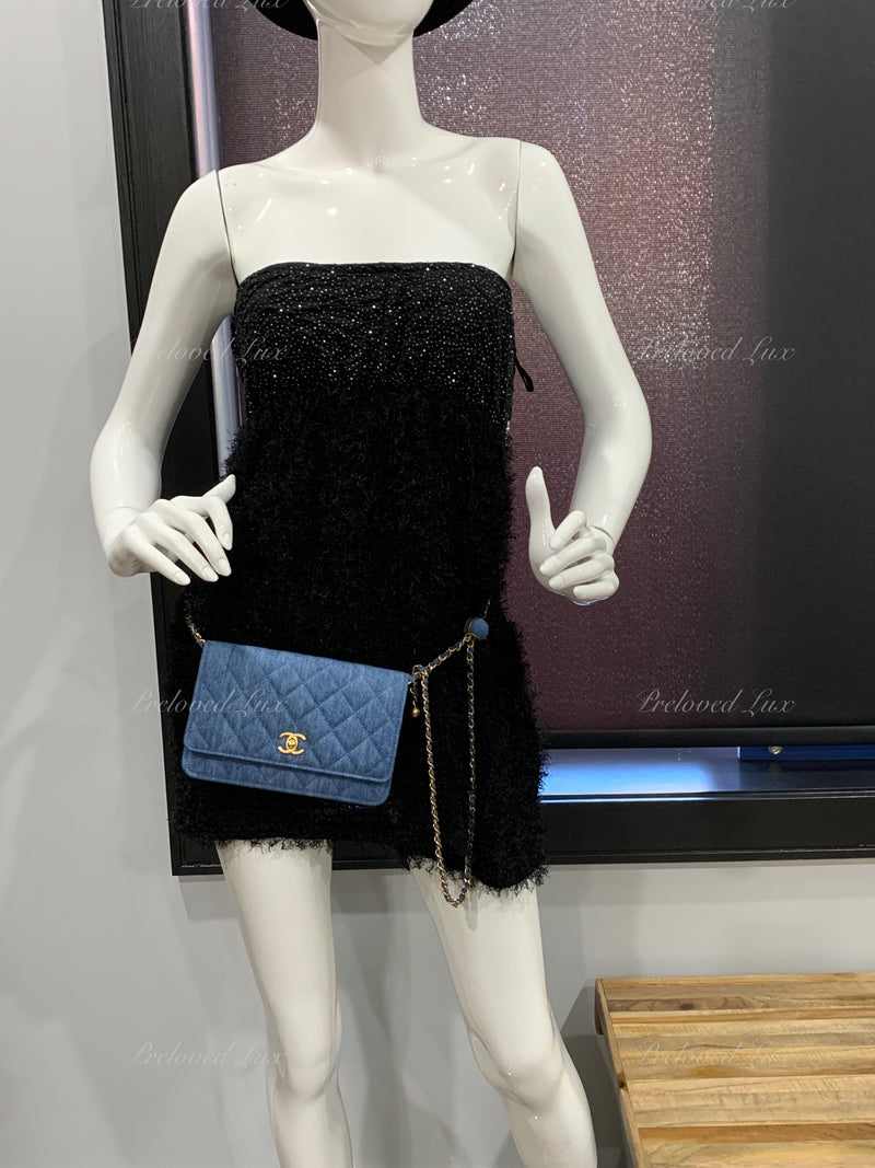 CHANEL Blue Denim Wallet-on-the-chain WOC Pearl Crush Crossbody Flap Bag