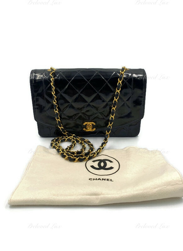 CHANEL Black Patent Leather Medium Diana Flap Crossbody Bag Gold hardware