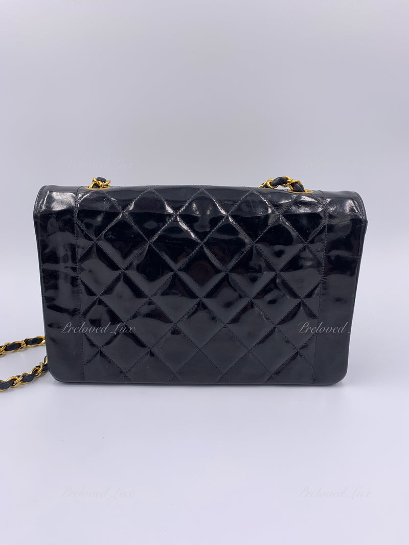 CHANEL Black Patent Leather Medium Diana Flap Crossbody Bag Gold hardware