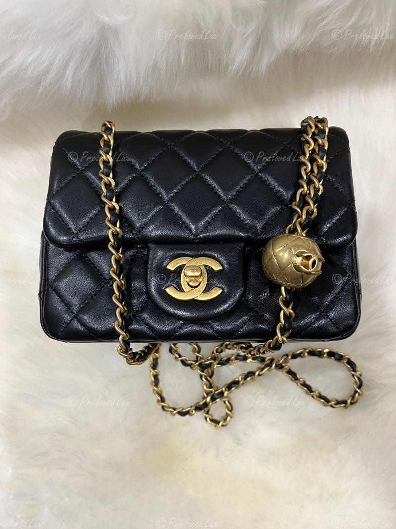 Sold-CHANEL Black Lambskin Mini Square Pearl Crush Flap Bag