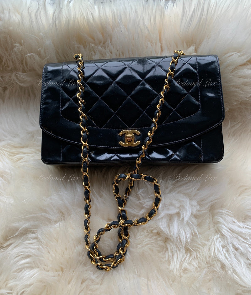 CHANEL Black Patent Leather Medium Diana Flap Crossbody Bag Gold hardware