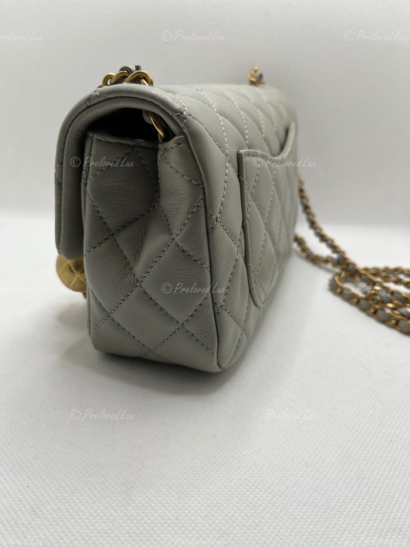 Sold-CHANEL Grey Lambskin Mini Rectangular Pearl Crush Flap Bag