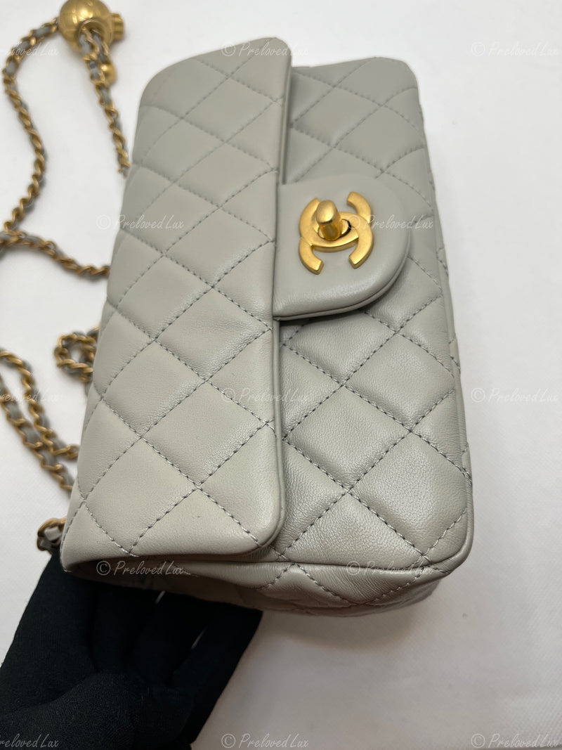 Sold-CHANEL Grey Lambskin Mini Rectangular Pearl Crush Flap Bag