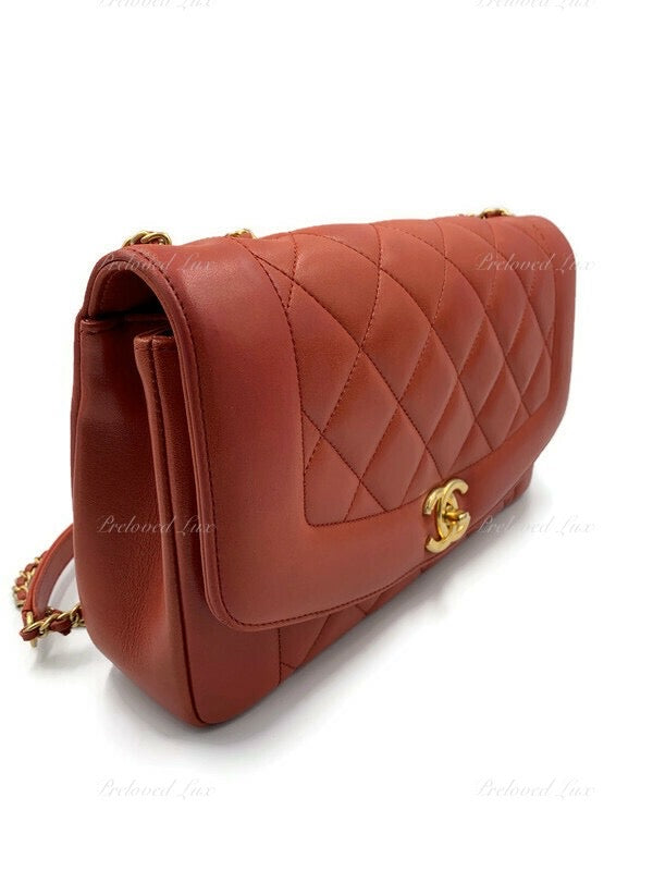 CHANEL Orange Red Lambskin Reissue Medium Diana Flap Crossbody Bag Gold hardware