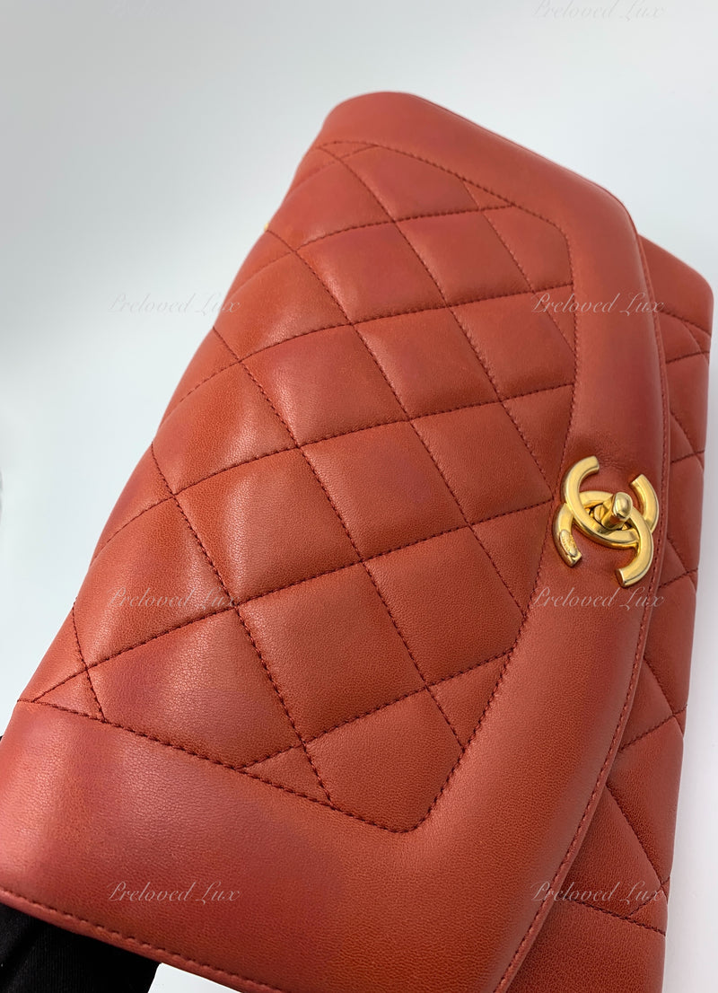 CHANEL Orange Red Lambskin Reissue Medium Diana Flap Crossbody Bag Gold hardware