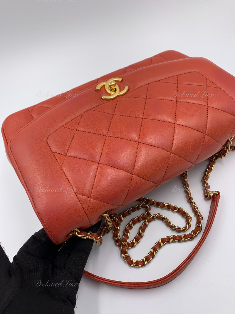 CHANEL Orange Red Lambskin Reissue Medium Diana Flap Crossbody Bag Gold hardware