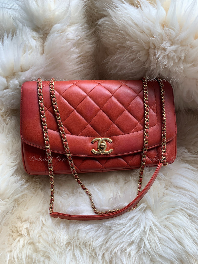 CHANEL Orange Red Lambskin Reissue Medium Diana Flap Crossbody Bag Gold hardware