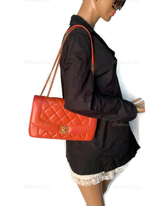 CHANEL Orange Red Lambskin Reissue Medium Diana Flap Crossbody Bag Gold hardware