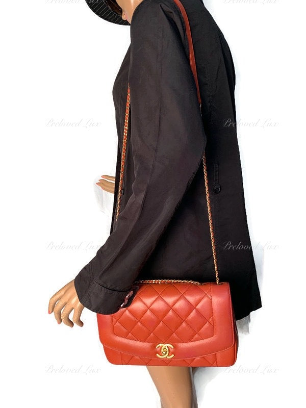 CHANEL Orange Red Lambskin Reissue Medium Diana Flap Crossbody Bag Gold hardware