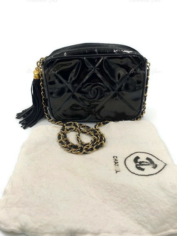 Sold-CHANEL Patent Leather Black Mini Camera Bag with Tassel