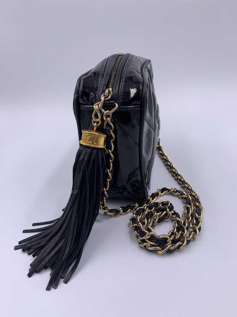 Sold-CHANEL Patent Leather Black Mini Camera Bag with Tassel