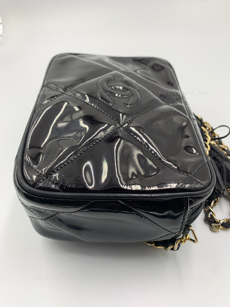 Sold-CHANEL Patent Leather Black Mini Camera Bag with Tassel