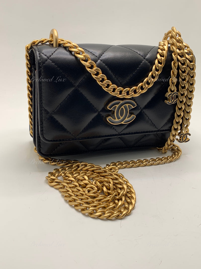 Sold-CHANEL Black Lambskin Mini Clutch Pending CC  Wallet-on-the-Chain Crossbody Bag Gold Hardware