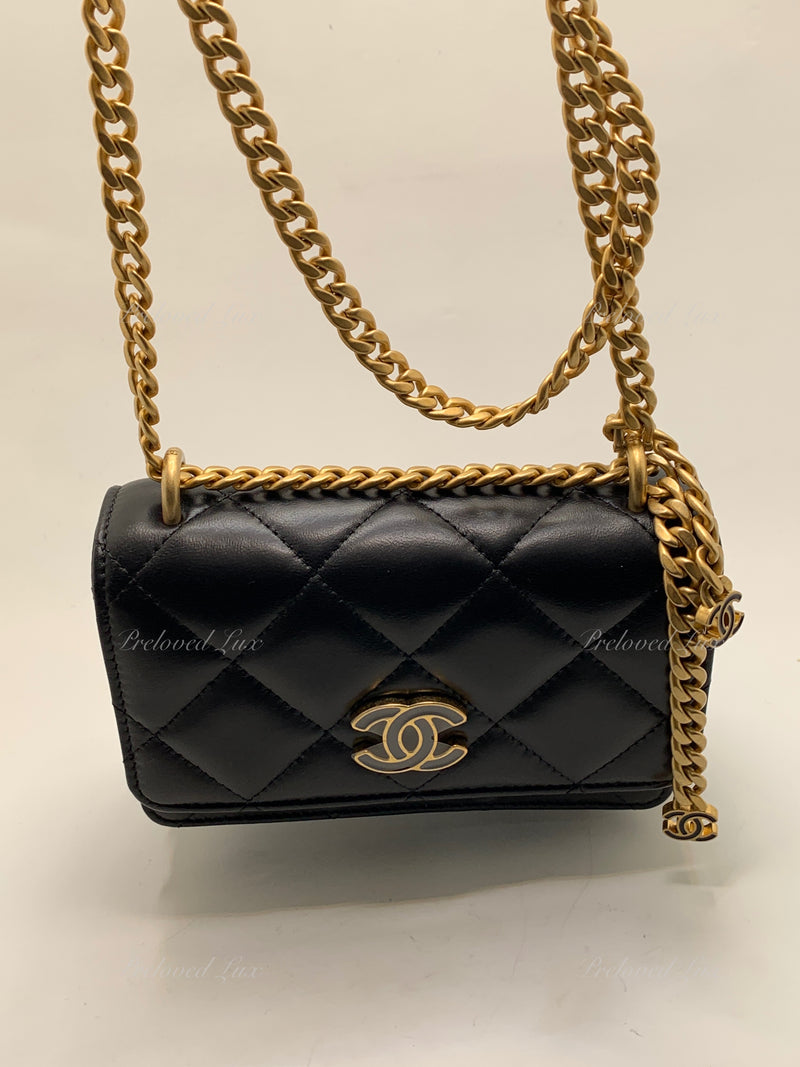 Sold-CHANEL Black Lambskin Mini Clutch Pending CC  Wallet-on-the-Chain Crossbody Bag Gold Hardware