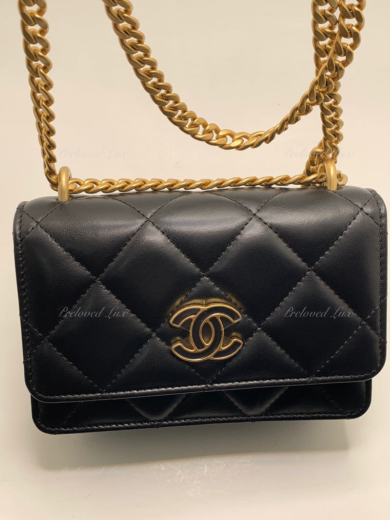 Sold-CHANEL Black Lambskin Mini Clutch Pending CC  Wallet-on-the-Chain Crossbody Bag Gold Hardware