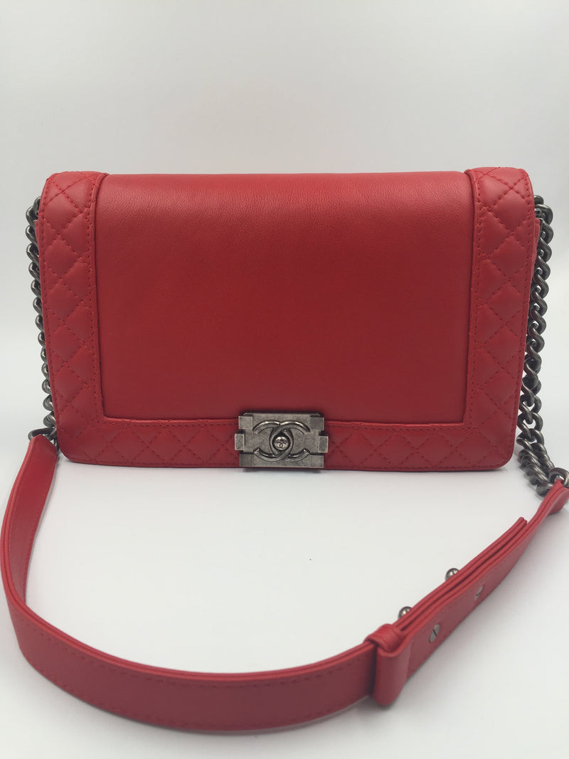 CHANEL Lambskin Medium Boy Reverso Flap Red with aged silver hardware