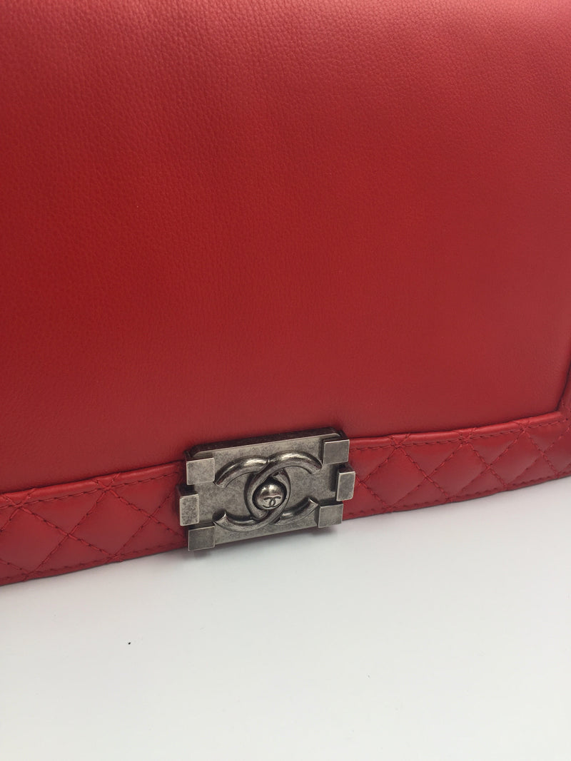 CHANEL Lambskin Medium Boy Reverso Flap Red with aged silver hardware