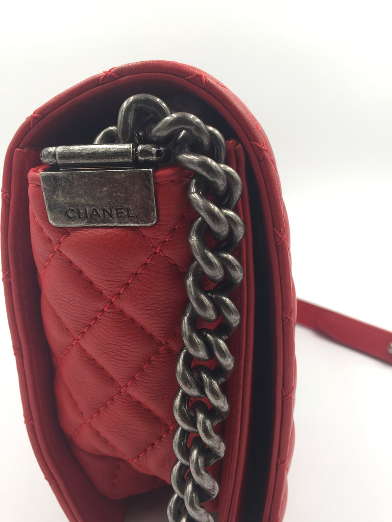 CHANEL Lambskin Medium Boy Reverso Flap Red with aged silver hardware