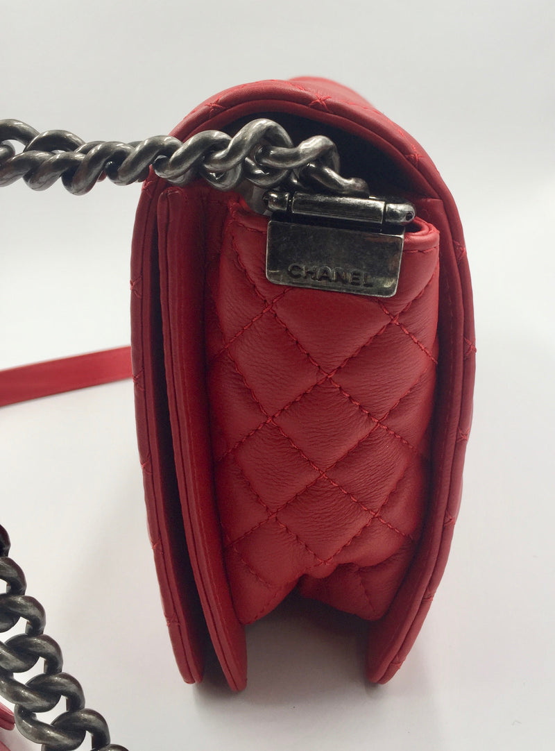 CHANEL Lambskin Medium Boy Reverso Flap Red with aged silver hardware