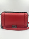 CHANEL Lambskin Medium Boy Reverso Flap Red with aged silver hardware