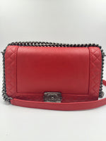 CHANEL Lambskin Medium Boy Reverso Flap Red with aged silver hardware