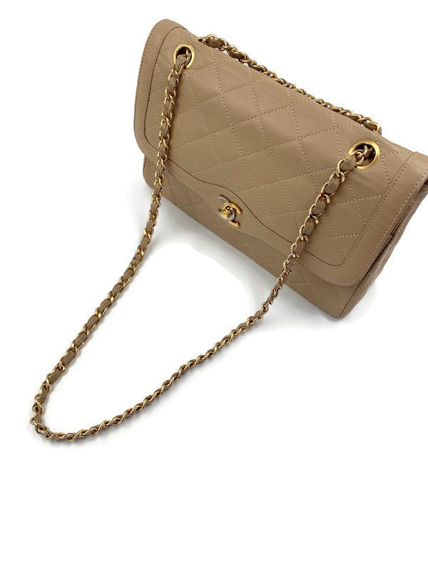 Sold-CHANEL Paris Lambskin Double Chain Double Flap Bag Beige/gold