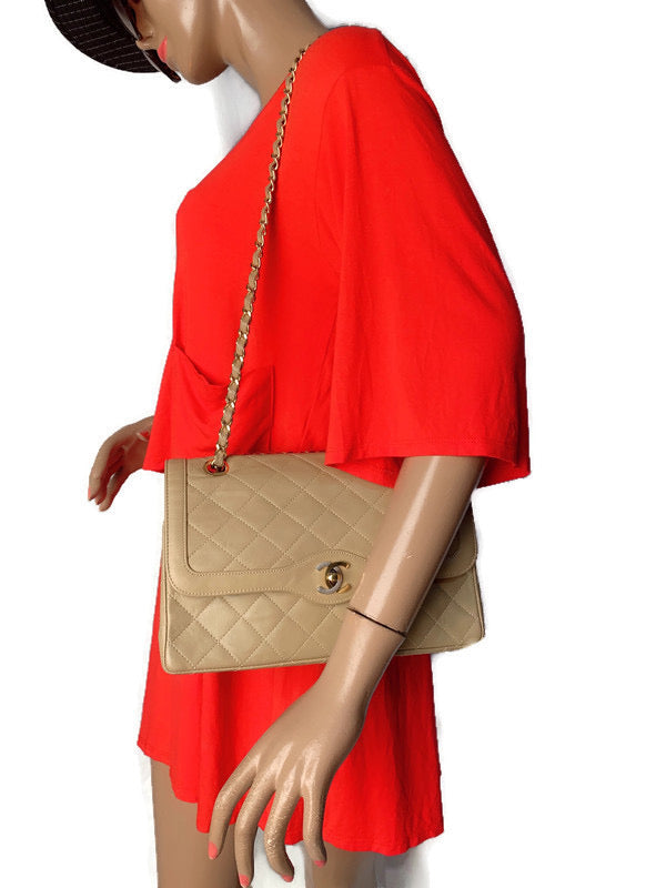 Sold-CHANEL Paris Lambskin Double Chain Double Flap Bag Beige/gold