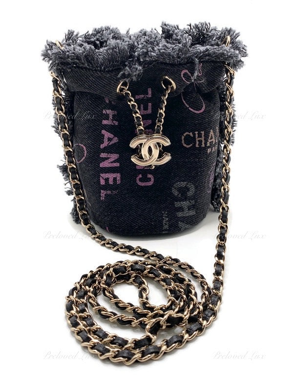 Sold-CHANEL Black Denim Mini Bucket Crossbody Bag