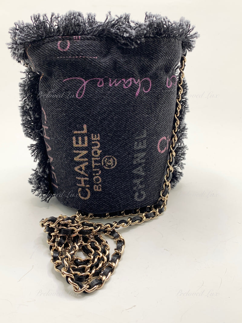 Sold-CHANEL Black Denim Mini Bucket Crossbody Bag