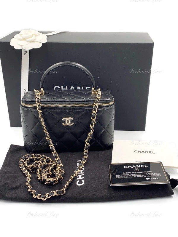 Sold-CHANEL Lambskin Black Top Handle Vanity Case Chain Bag Light Gold Hardware