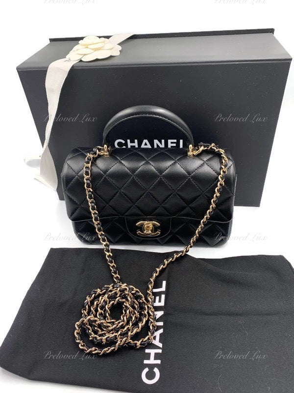 Sold-CHANEL Lambskin Mini Rectangular with Top Handle black/ Gold Hardware