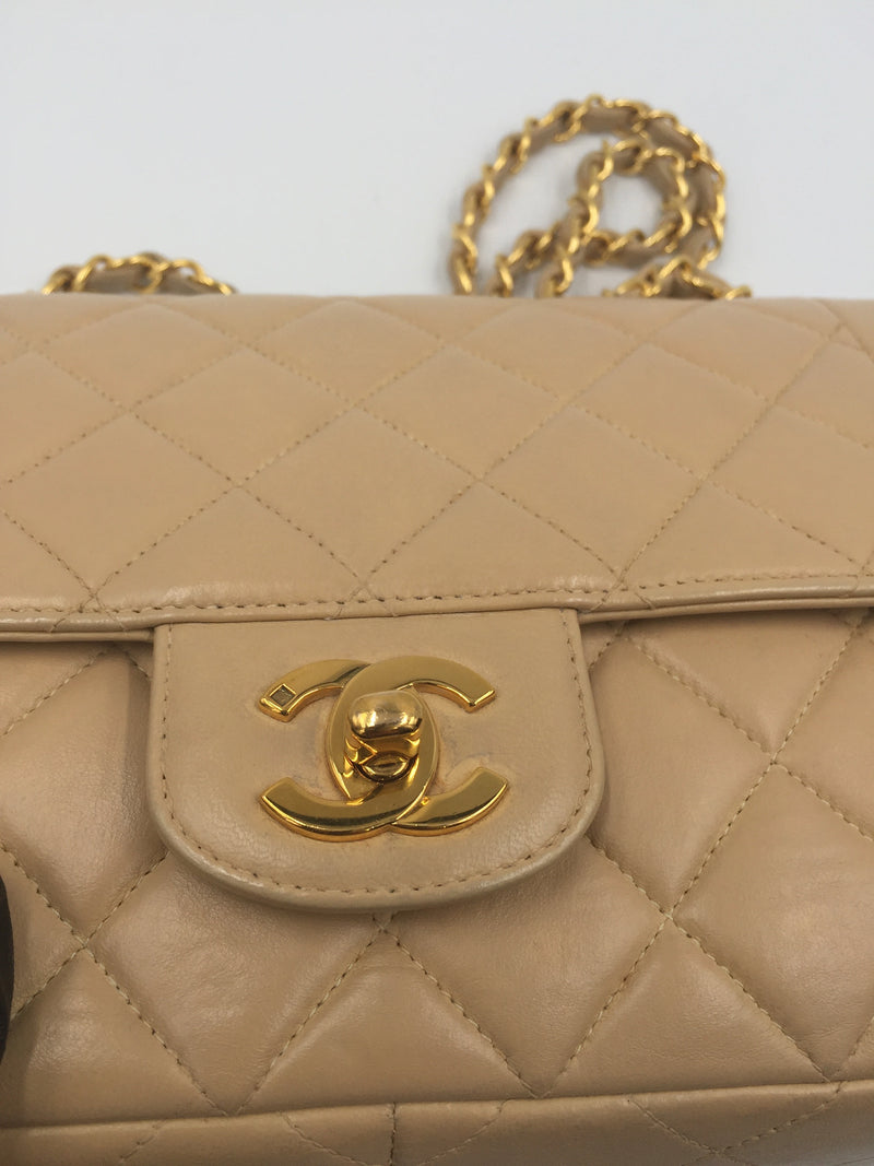 Sold-CHANEL Lambskin Double Chain Single Flap Bag Beige/gold hardware