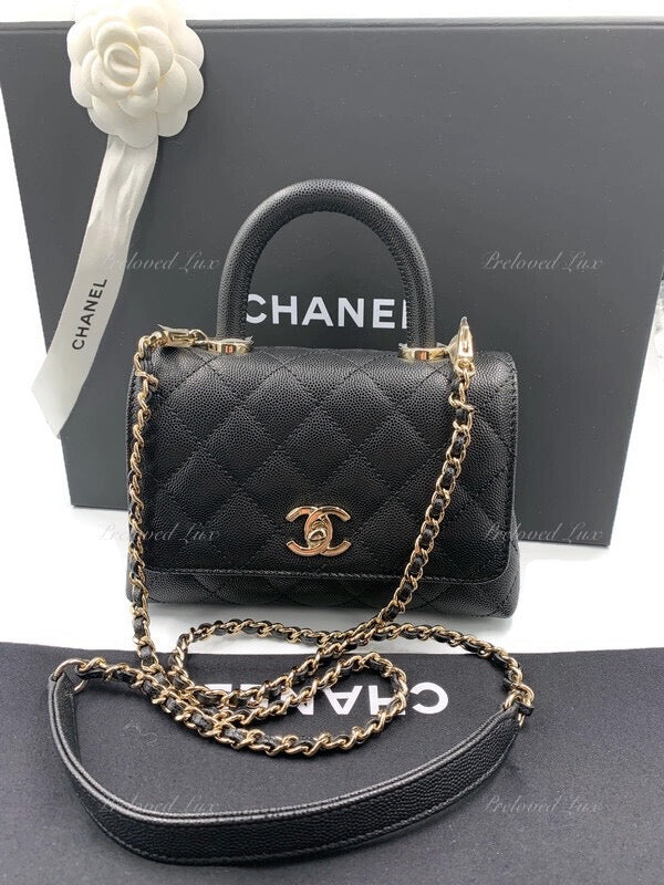 CHANEL Classic Black Caviar Mini Coco Handle Bag in Gold Hardware