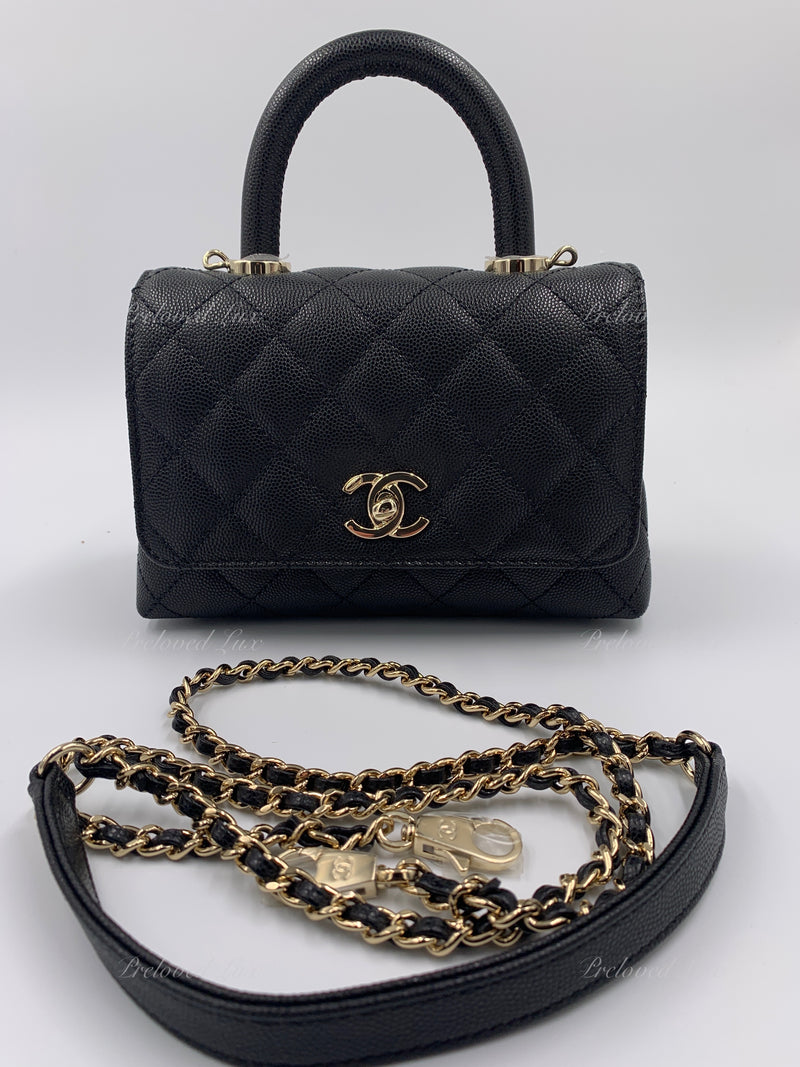 CHANEL Classic Black Caviar Mini Coco Handle Bag in Gold Hardware