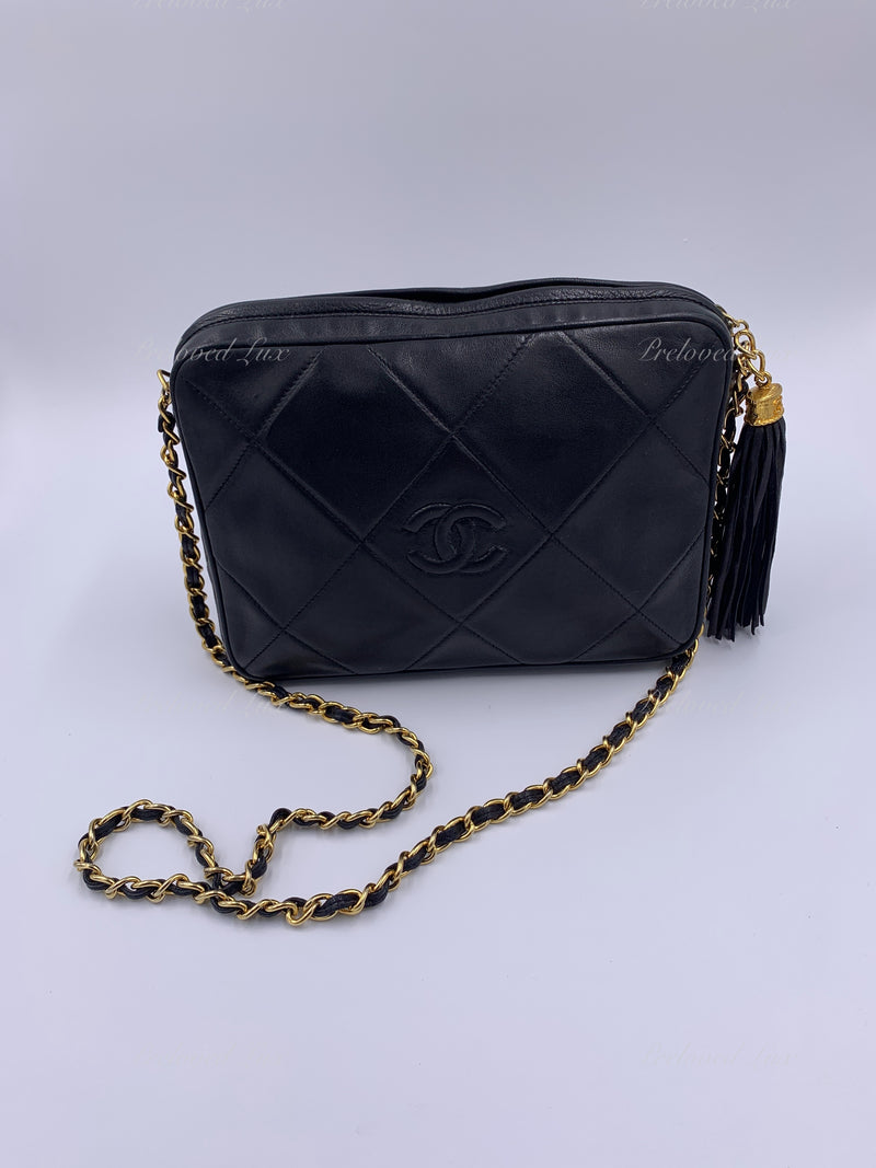 CHANEL Lambskin Black Vintage Camera Bag with Tassel