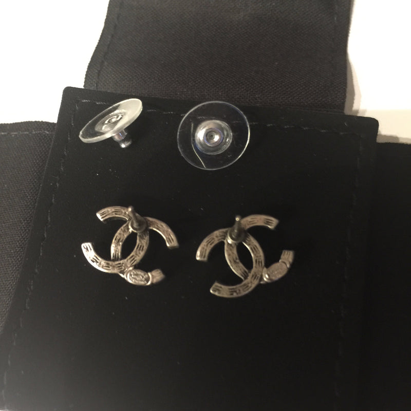 Sold-CHANEL CC Rhinestones Earrings/Aged Silver