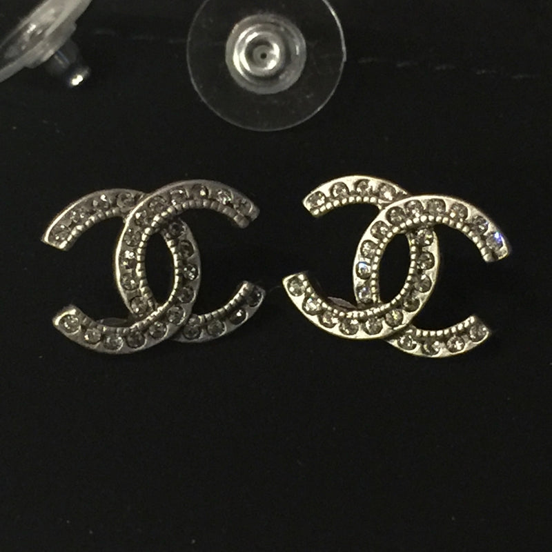 Sold-CHANEL CC Rhinestones Earrings/Aged Silver