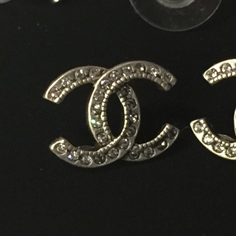 Sold-CHANEL CC Rhinestones Earrings/Aged Silver