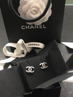 Sold-CHANEL CC Rhinestones Earrings/Aged Silver