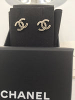 Sold-CHANEL CC Rhinestones Earrings/Aged Silver