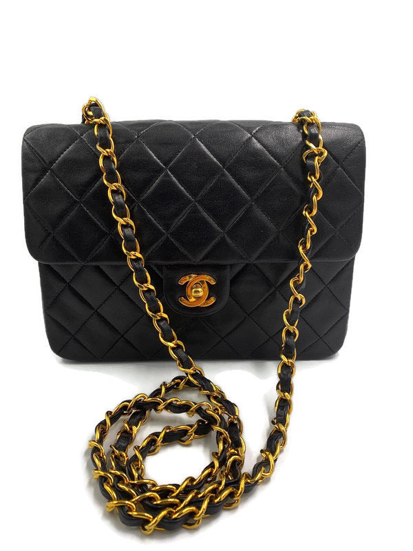 Sold-CHANEL Classic Lambskin Chain Mini Square Flap Bag black/gold #K301