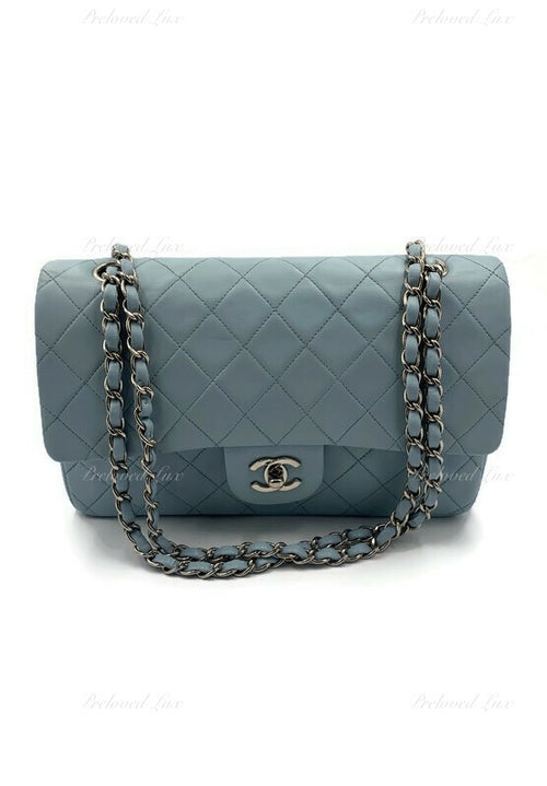 Sold-CHANEL Classic Lambskin Double Flap Medium Shoulder Bag - Light Blue Silver Hardware