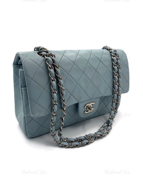 Sold-CHANEL Classic Lambskin Double Flap Medium Shoulder Bag - Light Blue Silver Hardware