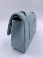 Sold-CHANEL Classic Lambskin Double Flap Medium Shoulder Bag - Light Blue Silver Hardware