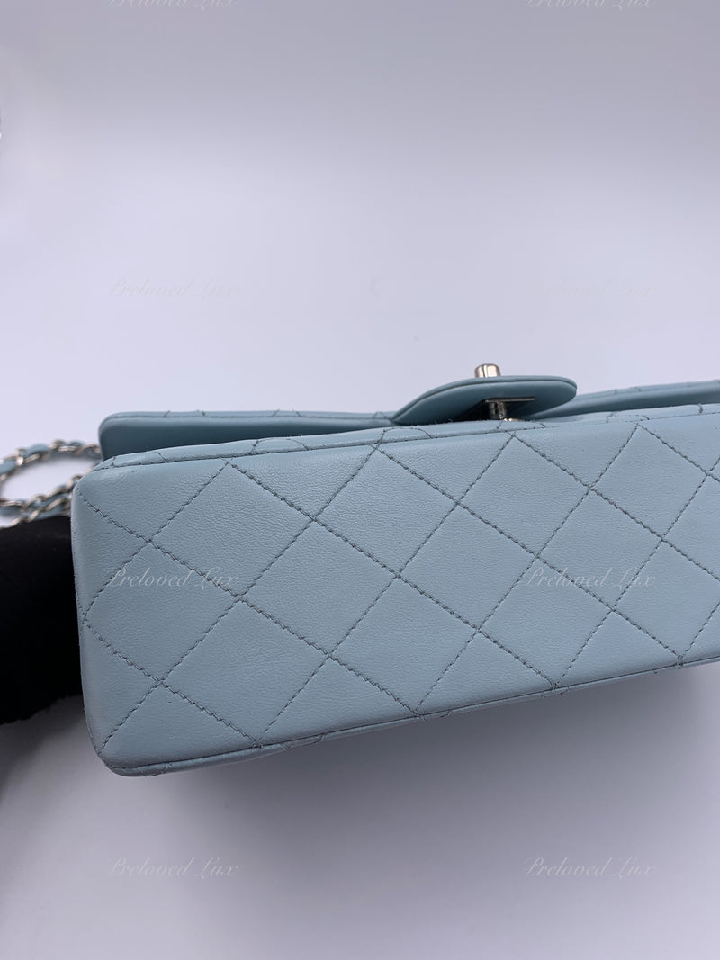 Sold-CHANEL Classic Lambskin Double Flap Medium Shoulder Bag - Light Blue Silver Hardware