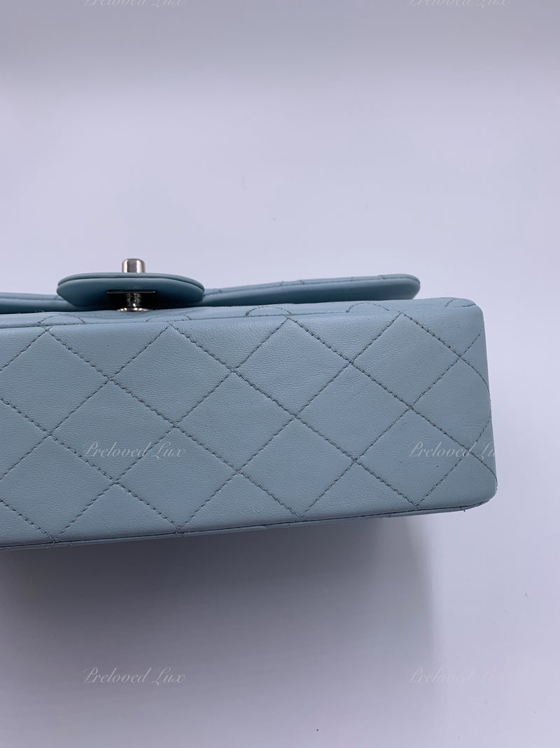 Sold-CHANEL Classic Lambskin Double Flap Medium Shoulder Bag - Light Blue Silver Hardware