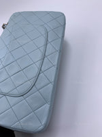 Sold-CHANEL Classic Lambskin Double Flap Medium Shoulder Bag - Light Blue Silver Hardware