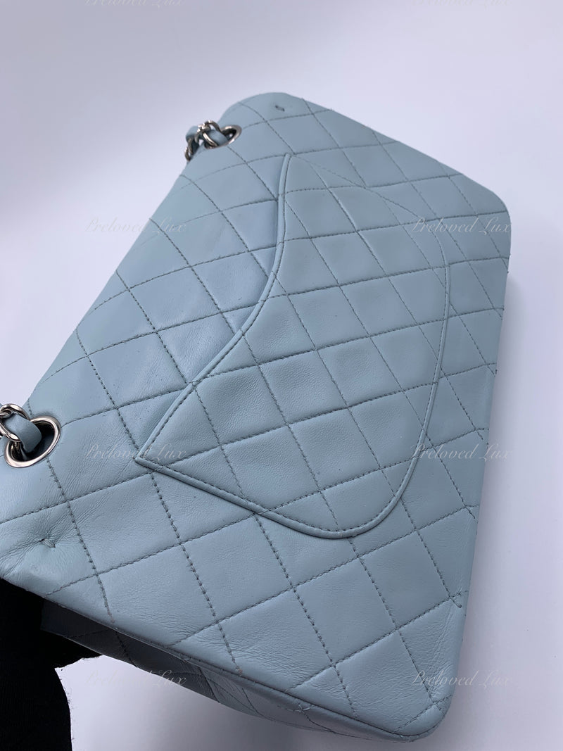 Sold-CHANEL Classic Lambskin Double Flap Medium Shoulder Bag - Light Blue Silver Hardware