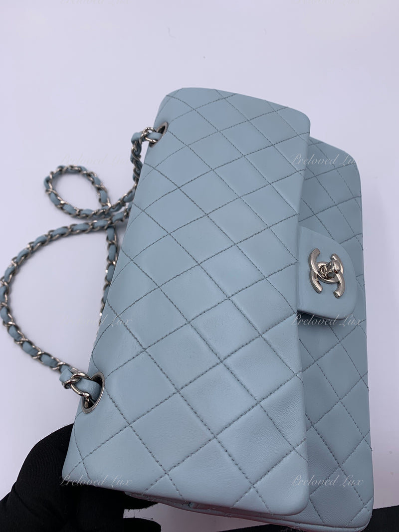 Sold-CHANEL Classic Lambskin Double Flap Medium Shoulder Bag - Light Blue Silver Hardware